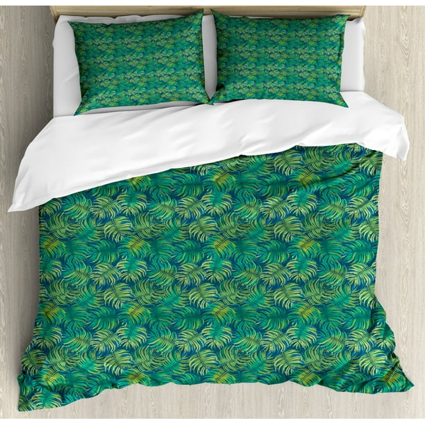 Leaves Duvet Cover Set King Size, Tropical Foliage in Green Shades