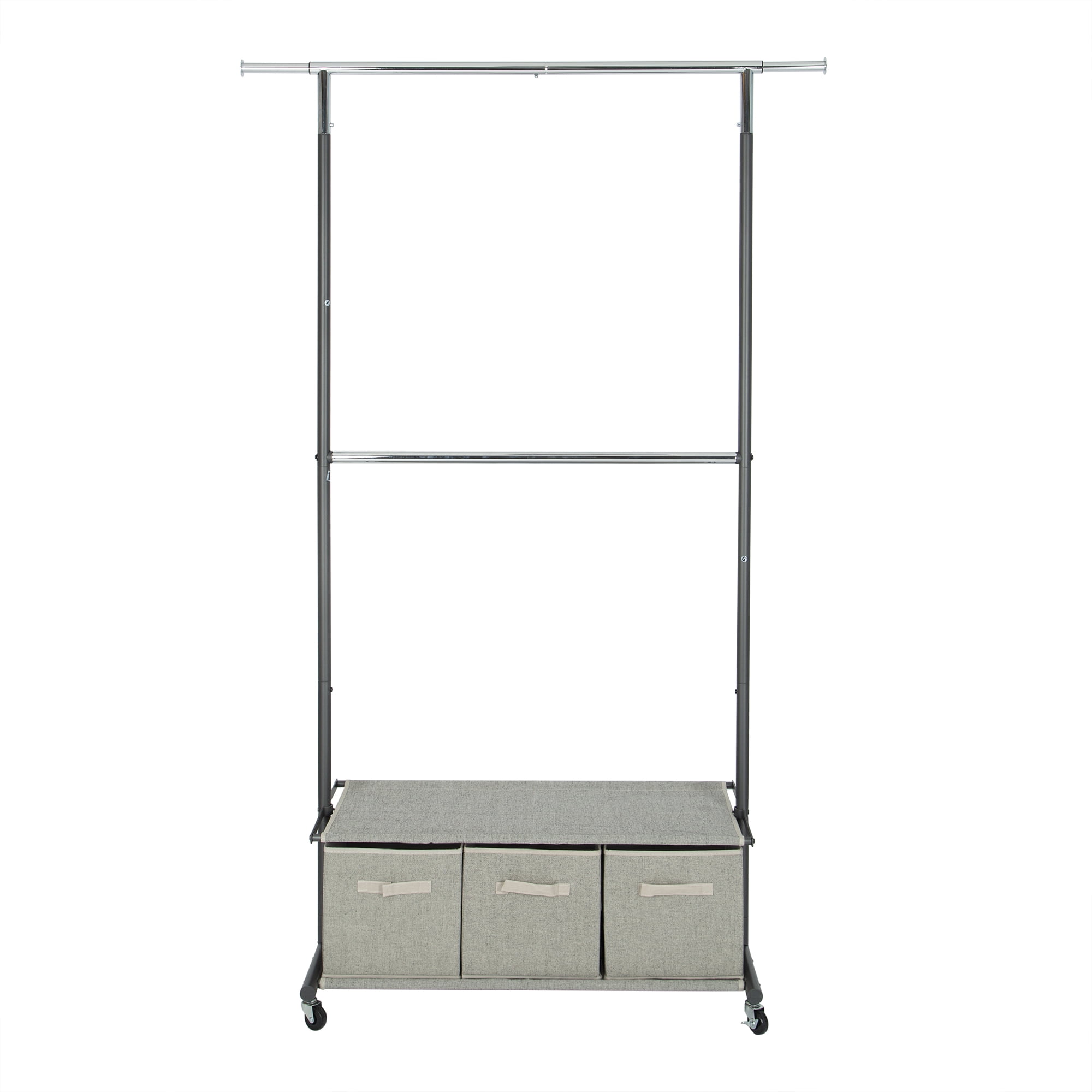 Better Homes & Gardens 2-Tier Metal Rolling Garment Rack with 3 Drawer Closet Organizer, Gray