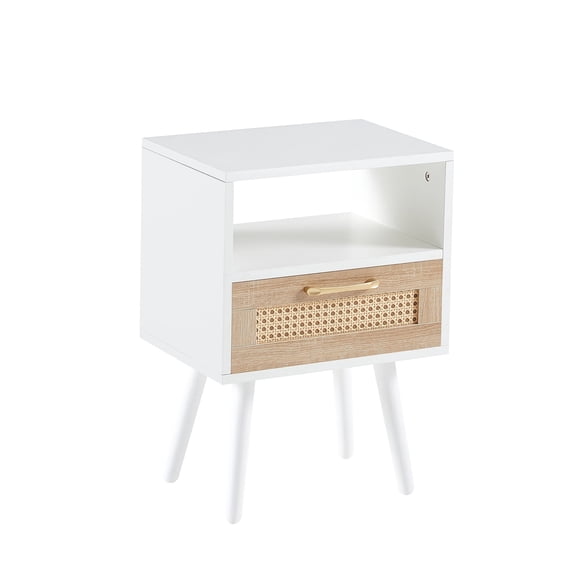 Newboti Furniture 15.75" Rattan End table with drawer and solid wood legs, Modern nightstand, side table for living room, bedroom, white 87704