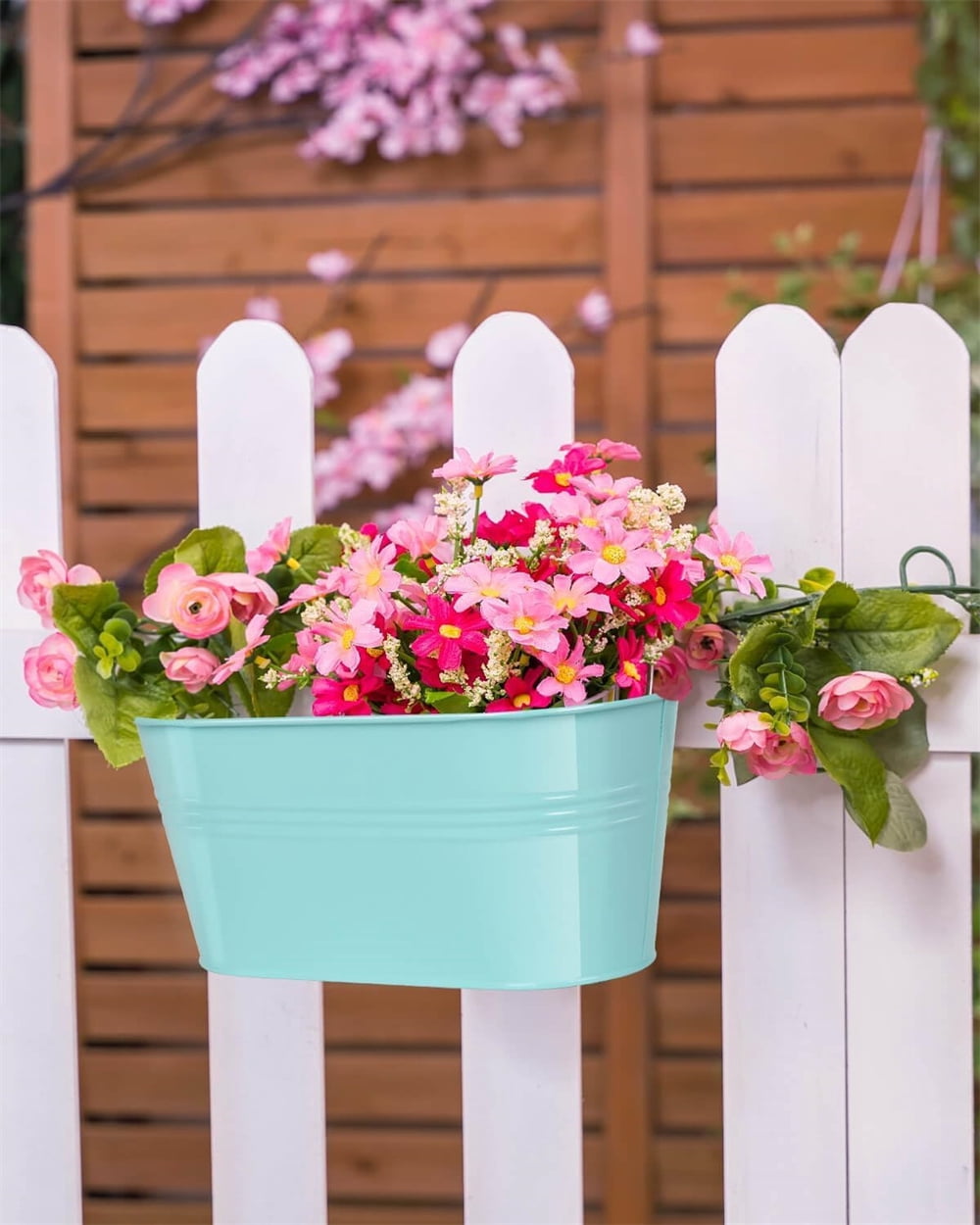 NOGIS Metal Iron Hanging Flower Pots for Railing Fence Hanging Bucket Pots Countryside Style Window Flower Plant Holder with Detachable Hooks Home Decor,3 Pcs（Multicolor A）