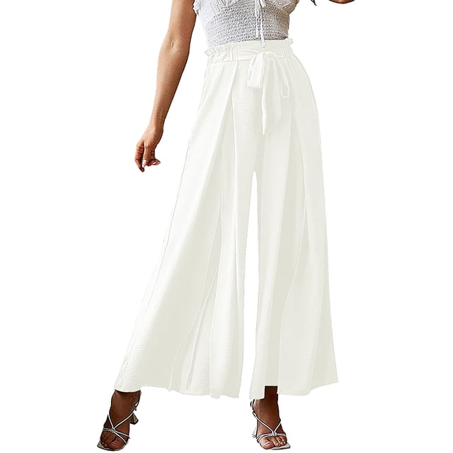 Gibobby pantalones de maternidad mujer Pantalones de pierna ancha fluidos con cinturón de cintura alta con de color para mujer, pantalones informales de algodón con cintura para mujer (Blanco, S)