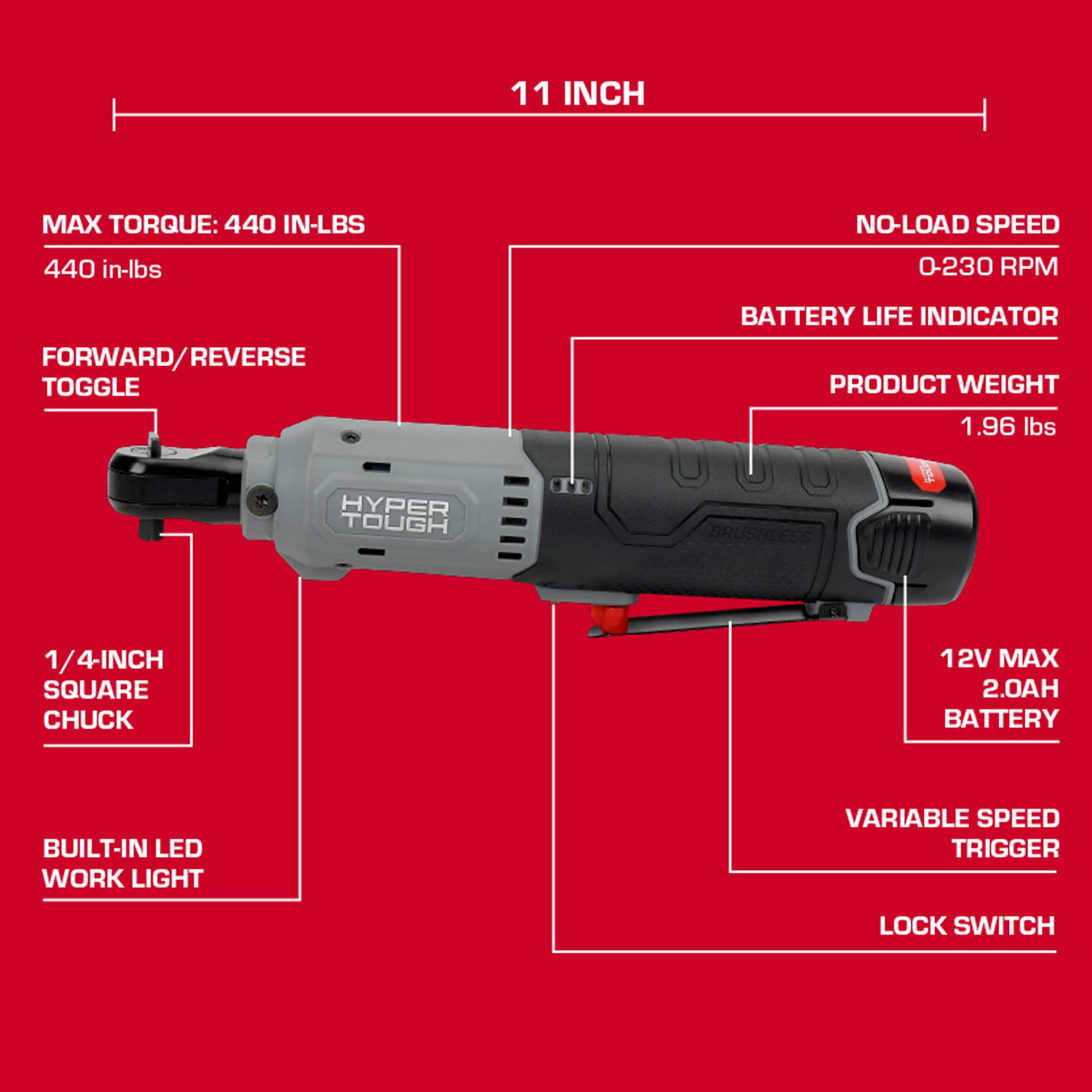 Hyper Tough 12V Brushless 1/4-inch Cordless Ratchet with 2.0Ah Battery
