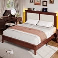 thumbnail image 3 of Lifezone Queen Solid Wood Platform Bed Frame, White Vertical Striped Upholstered Headboard with LED Light, Noise-Free, Reddish Brown, 3 of 7