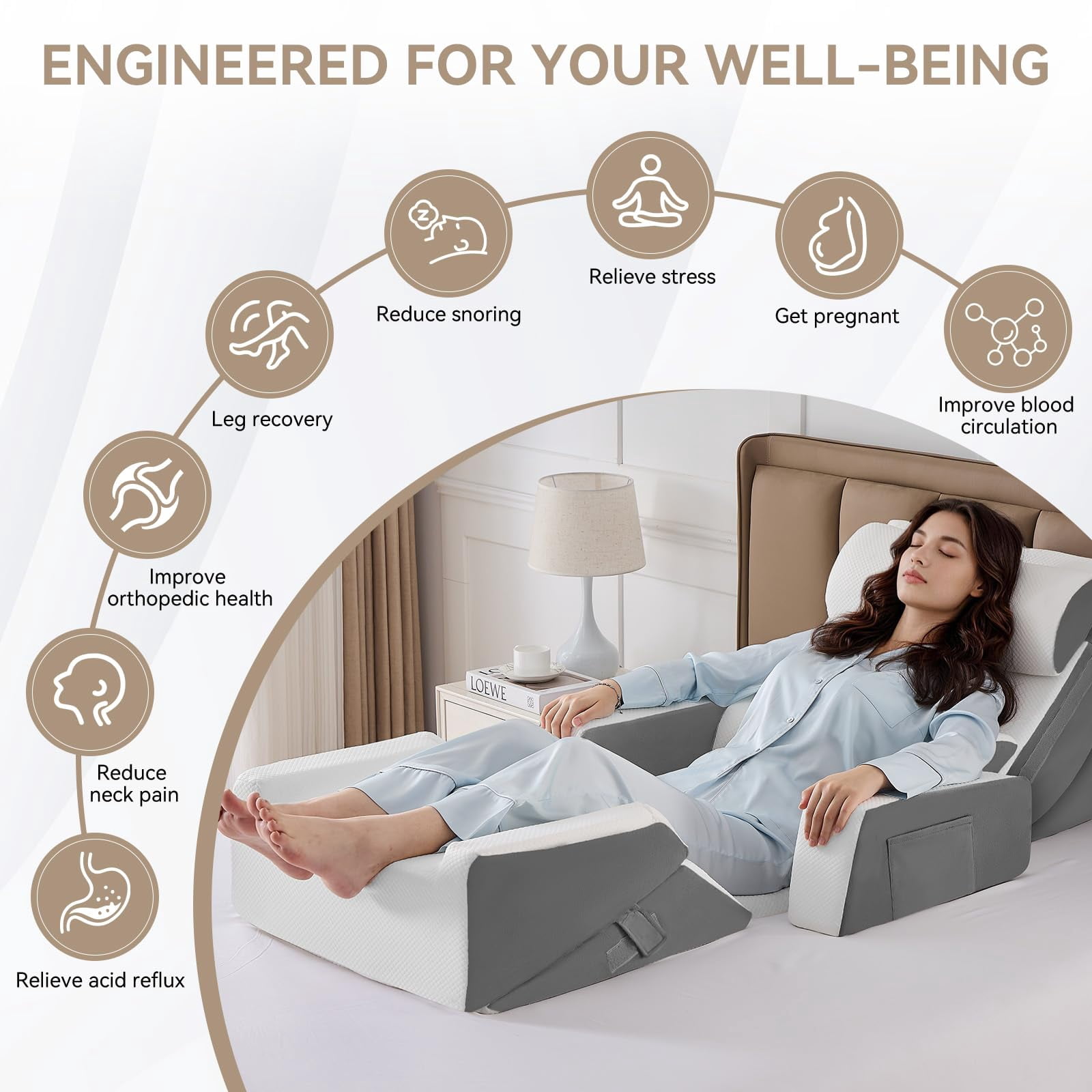 9pcs Bed Wedge Pillow Set For Sleeping  And Leg Foam Body Triangle Adjustable Support - Acid Reflux Pillows Grey