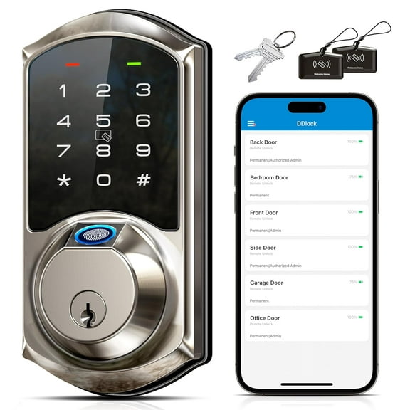 Veise Fingerprint Smart Door Lock, 7-in-1 Keyless Entry Deadbolt with App Control, Electronic Digital Touchscreen Keypad, Biometric Smart Locks for Front Door, Auto Lock, Satin Nickel