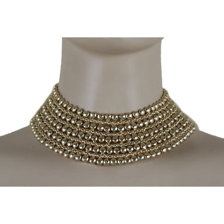New Women Shiny Gold Metal Fashion Bling Choker Short Wide Strap Necklace Elegant Jewelry Set