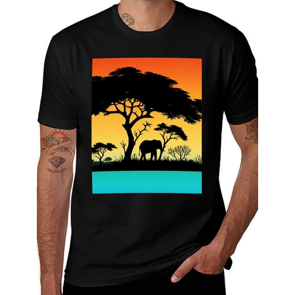 T-shirt African Savannah Soft Cotton Adult Heat-Transfer Graphic T-Shirt - 180g Breathable Fabric, Unisex Summer Casual Wear with Durable Heat-Printed Design