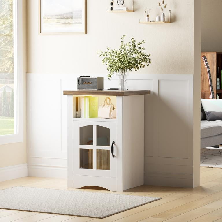 Lacoo End Table with LED Lights & Power Outlet, Side Table with Glass Door for Living Room, Nightstand with Storage for Bedroom, White