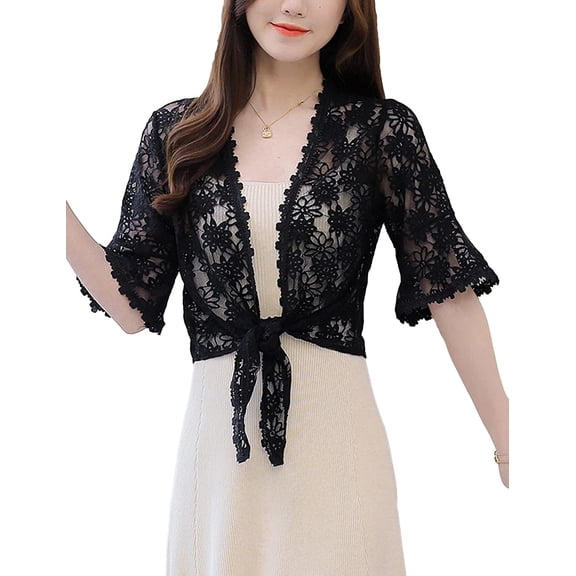 Kukuzhu Women's Floral Lace Tiefront Cardigan Cute Half Sleeve Sheer Bolero Shawl Cover Up