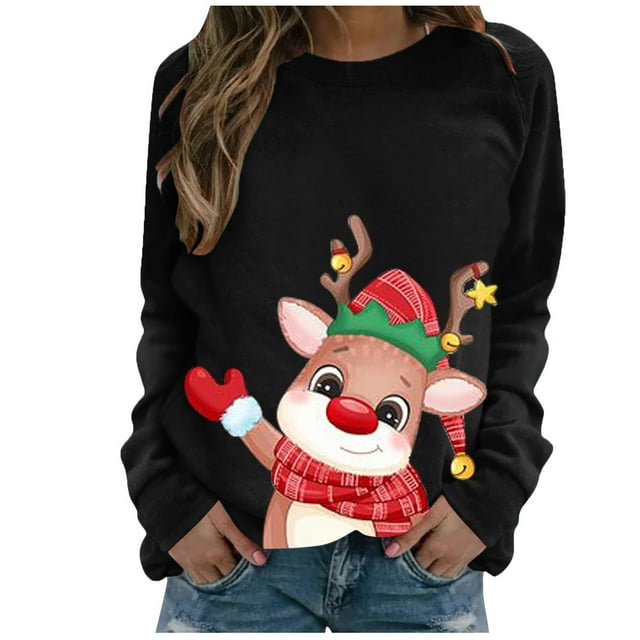 Chandail de Noël pour Femmes Imprimé de Vacances chandail Mi-Long Fermeture Chaude Col Rond Cardigan Manches Longues Chandail de Noël Capuche Veste de Mode