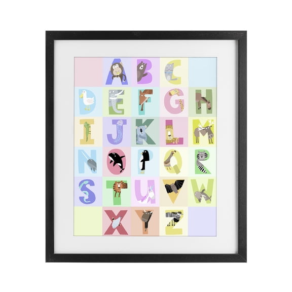 Stupell Industries Contemporary Animal Alphabet in Pastels Black Framed Print Under Glass, 13 x 16, by Carla Daly