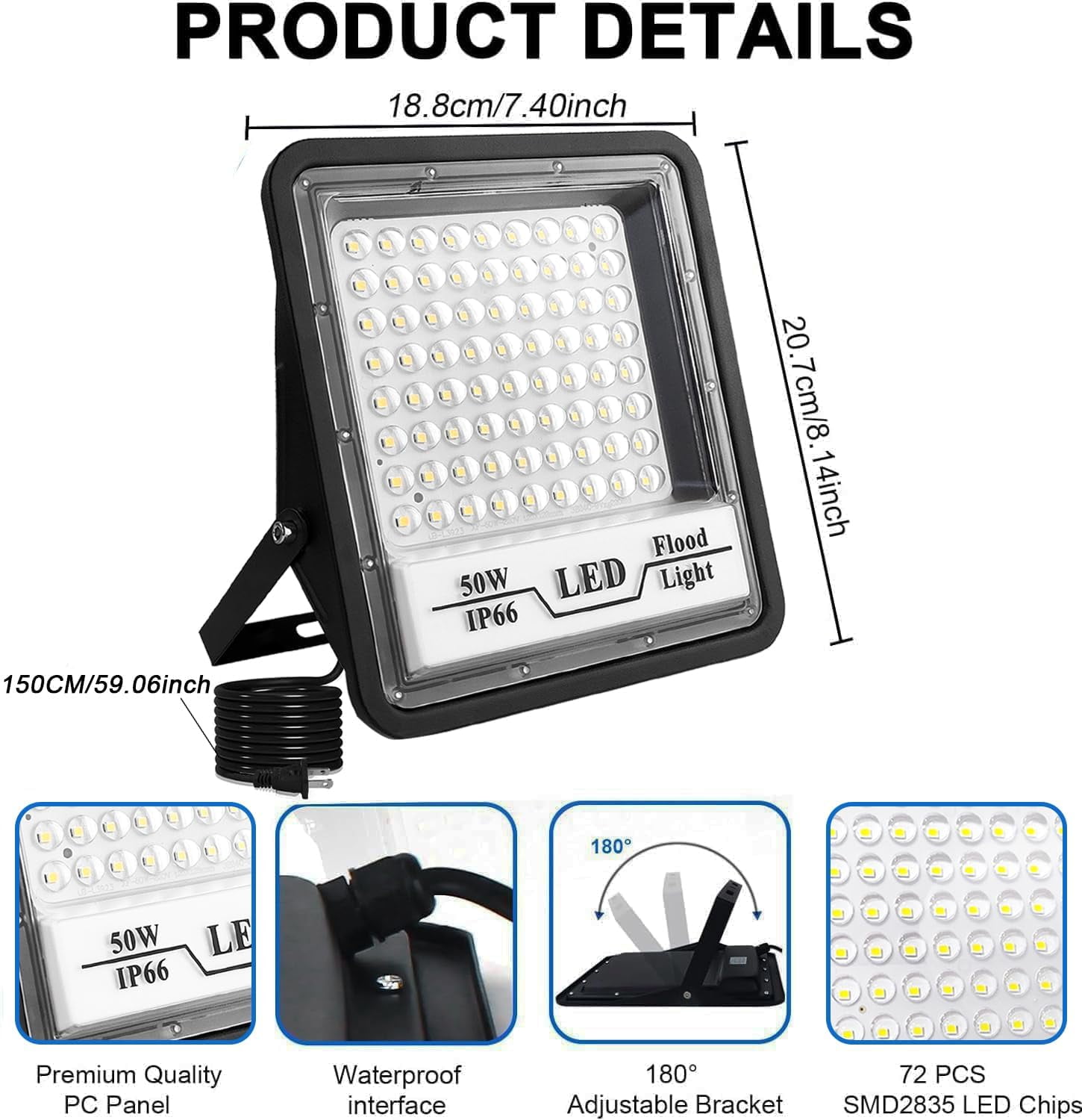 2 Pack LED Flood Lights Outdoor, 50W 6000LM Bright Floodlight LED Work Light with 4.93FT Plug, IP66 Waterproof 6500K Outdoor LED Flood Light for Garage, Yard, Patio, Garden