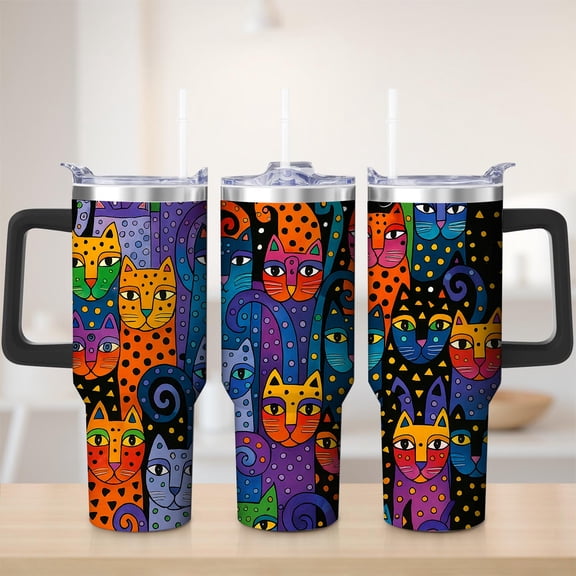 Vibrant Colorful Cats Stainless Steel Insulated Mug with Lid and Handle, 30oz