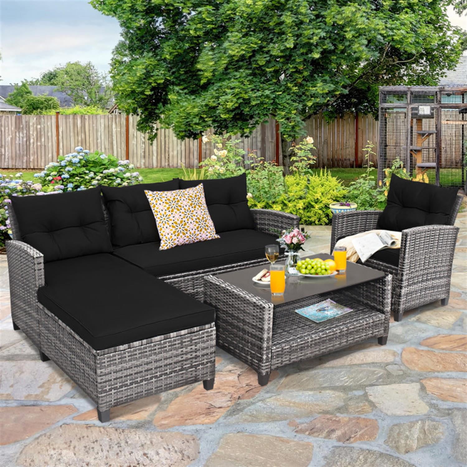 Demi Bonn 4 Pieces Patio Furniture Set Rattan Sofa with Cushion and 2-Tier Coffee Table for Yard, Pool or Backyard, Black