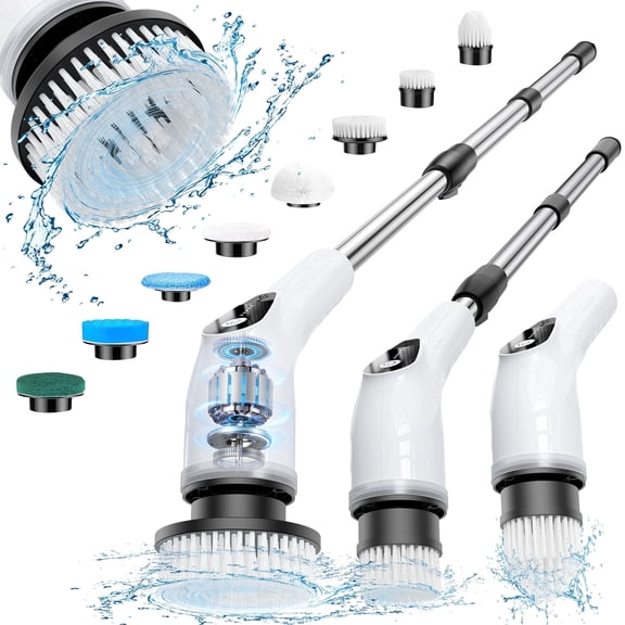 Yezivo Electric Spin Scrubber, 1000RPM Cordless Power Cleaning Brush with 8 Replaceable Heads Adjustable Handle, Cleaning Tools for Bathroom, Tile Floor