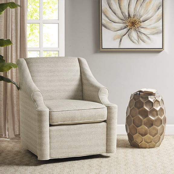 Tan Solid Wood Swivel Glider Chair with Metal Base