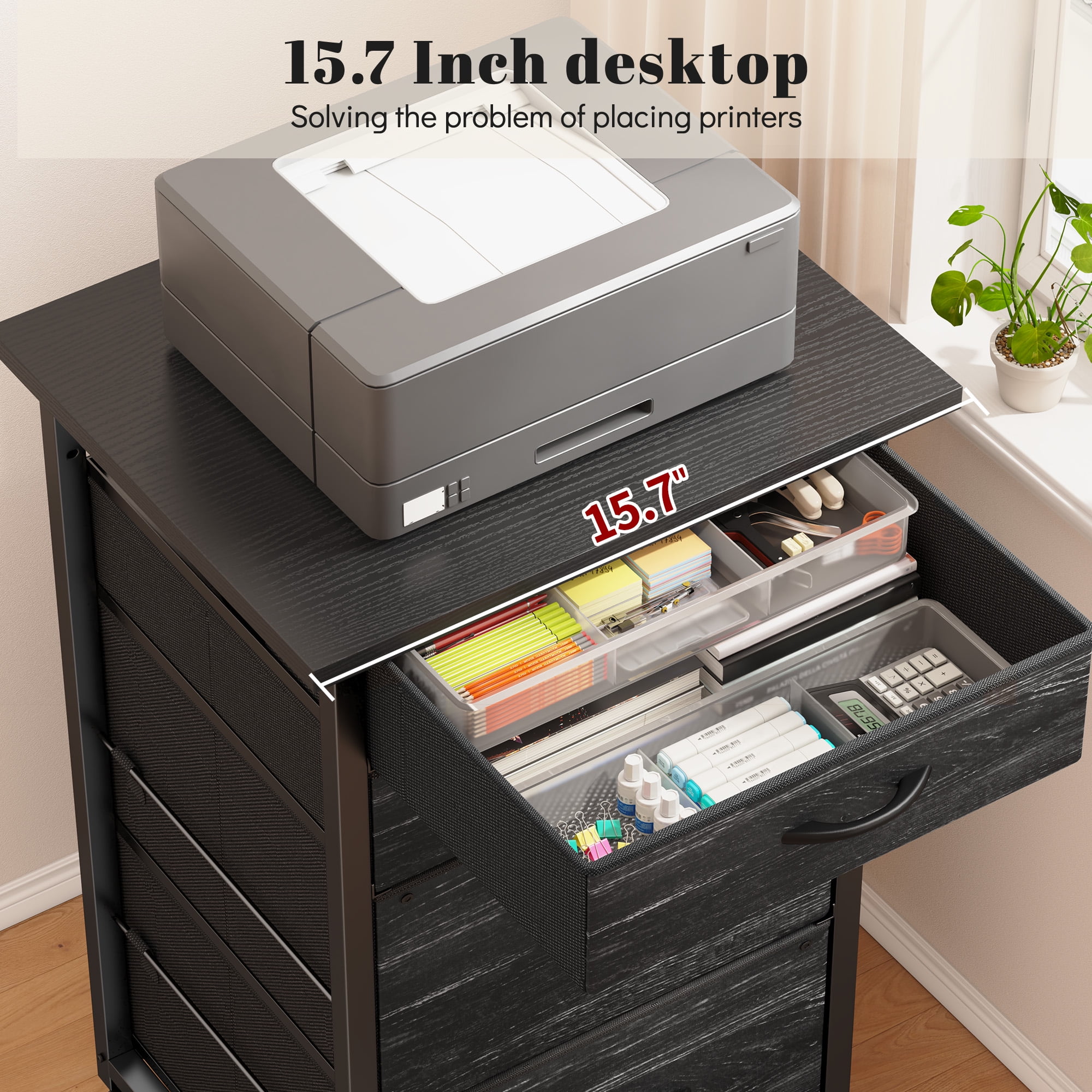 Romorgniz 4 Fabric Drawers Mobile File Cabinet Desk Table Cabinet Fits A4/Letter Size Printer Stand for Home Office，Black