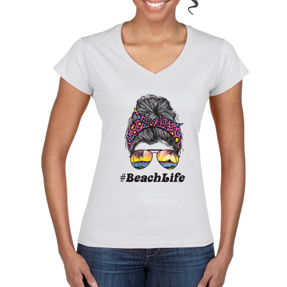 Messy Bun BeachLife | Cool Neon Leopard Print Bandana | Sunglasses Vaction Beach Paradise Fashion Womenâ€™s Standard V-Neck Tee, White, M