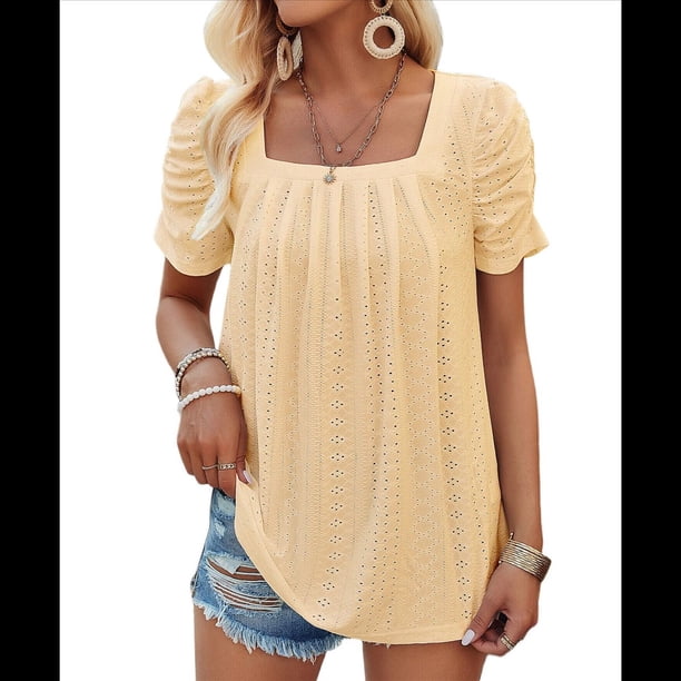 Camisetas de Punto Holgadas Informales de Corta con Pliegues y Cuello Cuadrado para Mujer, Blusas de Punto de Color Liso Amarillo L
