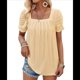 thumbnail image 1 of Camisetas de Punto Holgadas Informales de Corta con Pliegues y Cuello Cuadrado para Mujer, Blusas de Punto de Color Liso Amarillo L, 1 of 10