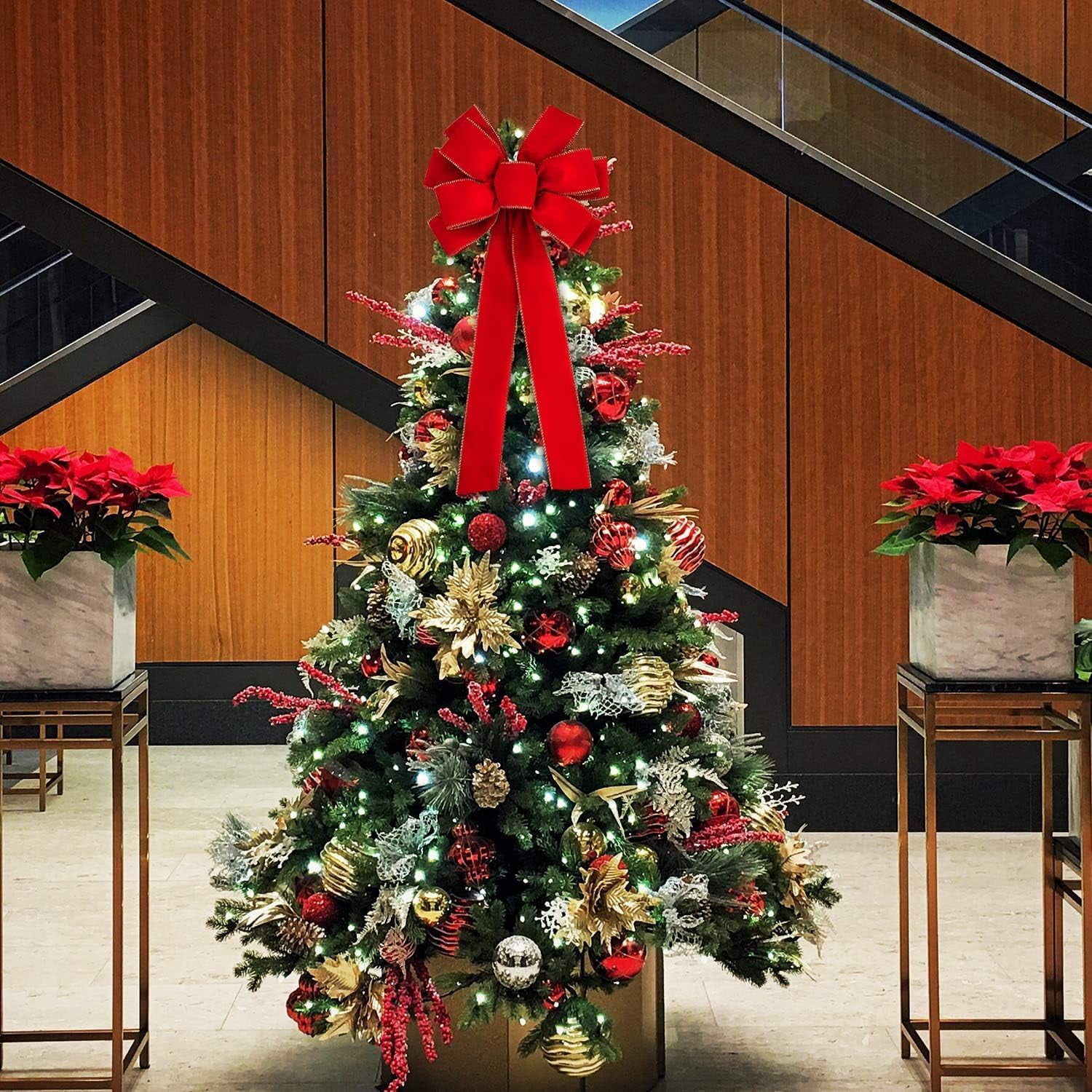 Ebaokuup 2 Pcs Large Christmas Bow-30.7" x 10.6" Christmas Golden Edged Red Velvet Bow-Christmas Tree Topper Ornament Bow for Xmas Home Wreath Decoration