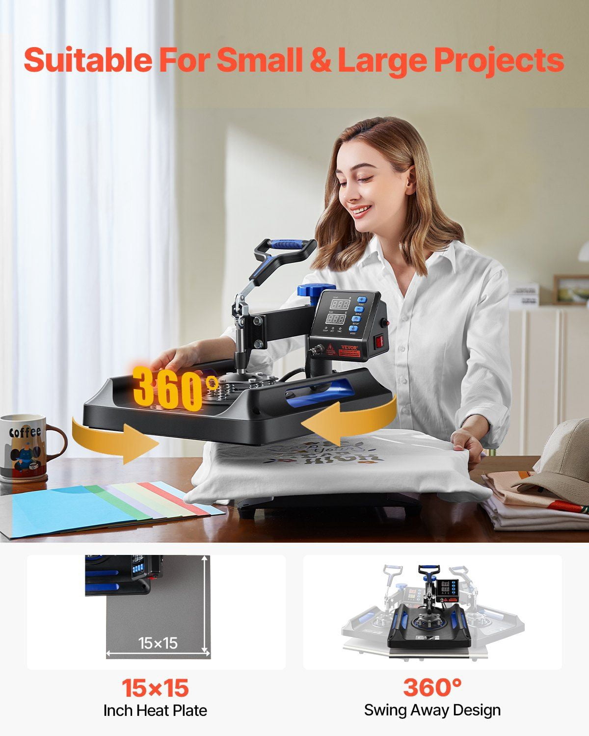 8-in-1 Heat Press Machine 15x15 Inch - Sublimation Transfer Printer for Fabrics & Mugs