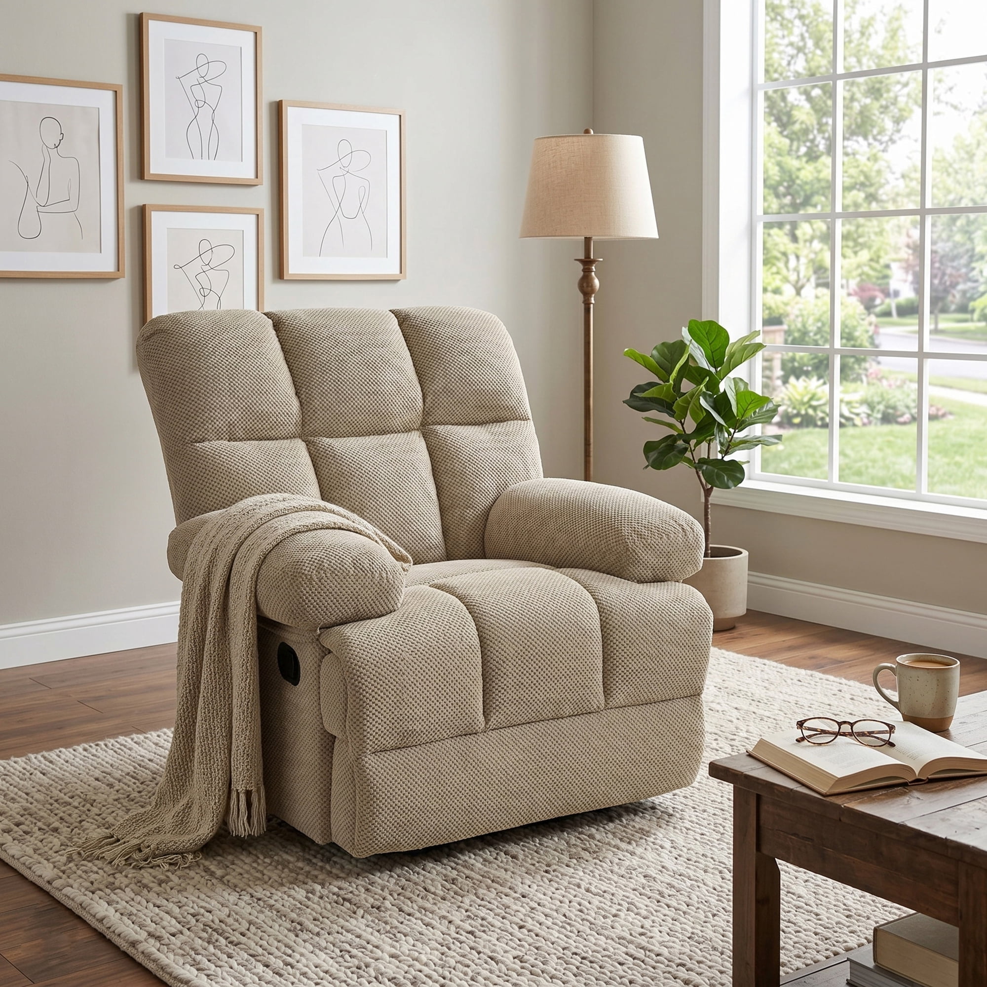 Noble House Modern Manual Rocker Recliner Chair with Nubby Upholstery Fabric, Padded Arms, Camel