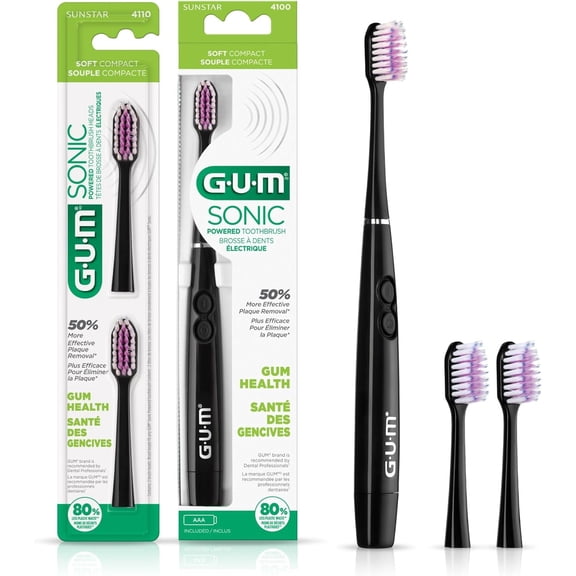 GUM Sonic Powered Toothbrush Bundle, Black, 1 handle( 1 Count) 2 Refills(2 Count. 1pk)