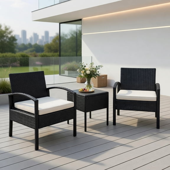 Resenkos 3-Piece Modern Outdoor Rattan Patio Conversation Set – Black Wicker Chairs & White Cushions with Tempered Glass Coffee Table