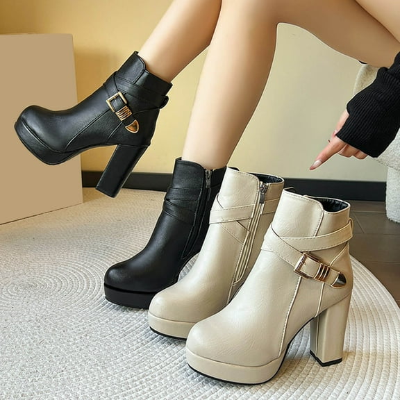 Miluxas Womens High Heel Ankle Boots Platform Booties Round Toe Ankle Strap Chunky Heel Vintage Elegant Short Boots Winter Shoes Black 9(42)