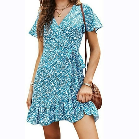 

YanHoo Women s Beach Dresses Ruffle Short Sleeve V Neck Waist Tie Sundress Summer Floral Print Mini Dress