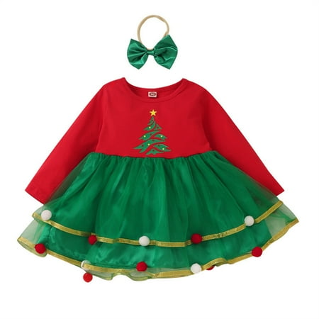 

NECHOLOGY Two Piece Dresses for Girls Toddler Girls Long Sleeve Christmas Tree Printed Mesh Tulle Dress Princess Stretchy Sundress Dress Green 2-3 Years