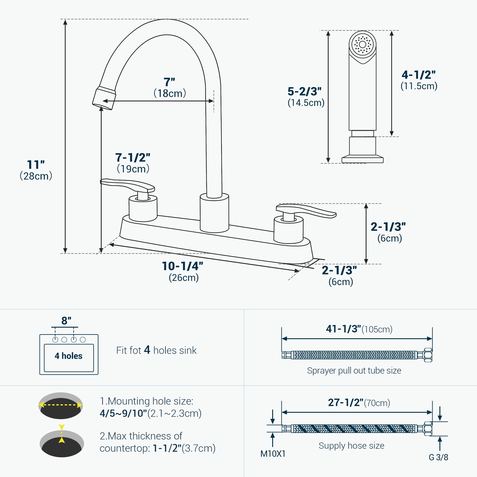 DAYONE Kitchen Faucet with Side Sprayer 2 Handle Brushed Nickel, 8 Inches 4 Holes Centerset Kitchen Sink Faucet, Pull Out Stainless Steel Sink Faucets for RV Laundry Bar with Supply Lines, DAY-CR2001