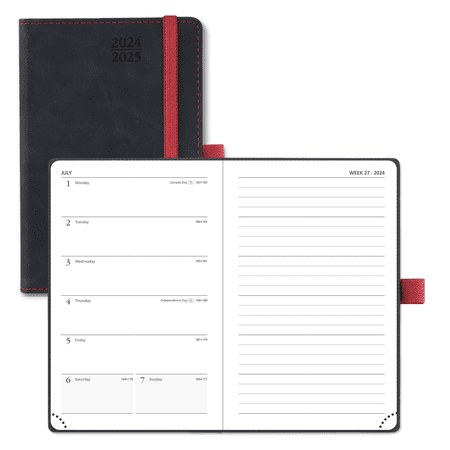 POPRUN Planner 2024-2025 Pocket Size (4'' x 6.25'') Mini Academic Calendar for Purse (July 2024 - June 2025) Weekly & Monthly Organizer for time Management, Leather Cover, Inner Pocket - Black