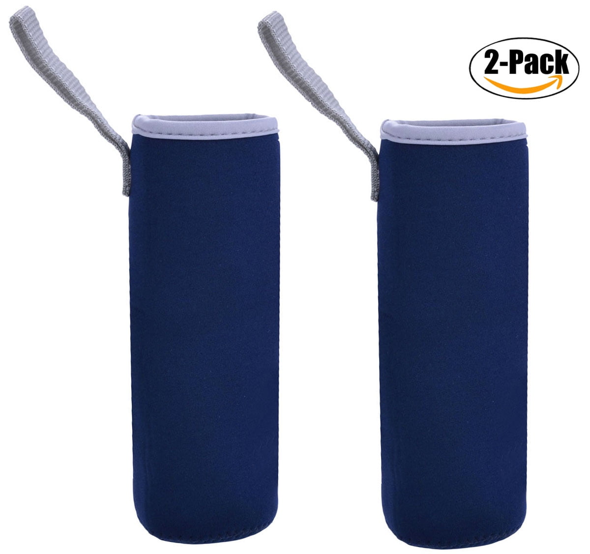 Insulated Neoprene Glass Water Bottle Holder with Adjustable Shoulder Strap  for Walking, Silicone BLACK Brush (Blue Waves Design)