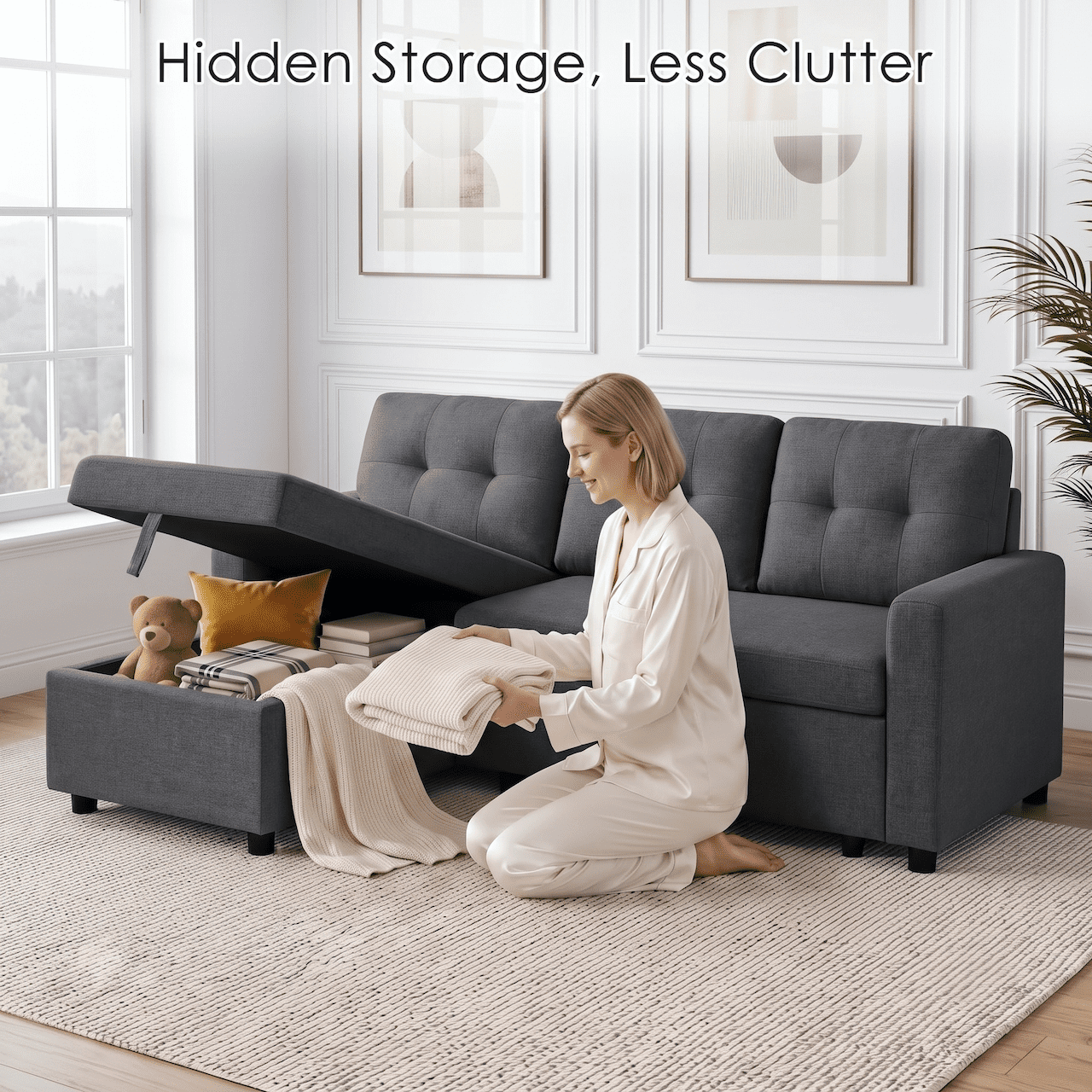 Xiweot Sectional Sleeper Sofa Bed 82" Convertible L Shaped Couch with Storage Chaise, USB Ports & Side Pockets, Compact Linen Pull Out Sofa for Living Room Apartment Recreational Vehicle, Dark Gray
