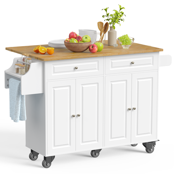 Aiho 52" Kitchen Island Cart with Storage on Wheels, White