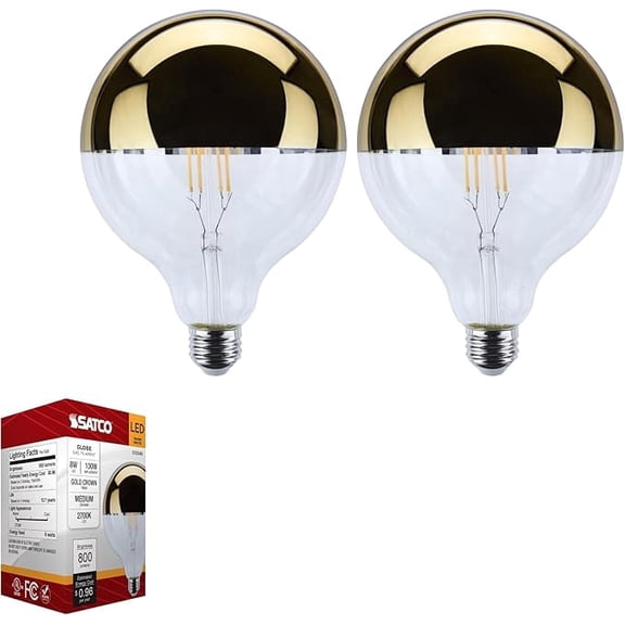 Satco S12546 8W G40 LED Globe Bulb, E26 Medium Base, 2700K Warm White, 800 Lumens, 90  CRI, Gold Crown Tip, 100W Replacement, Dimmable, 2 Pack