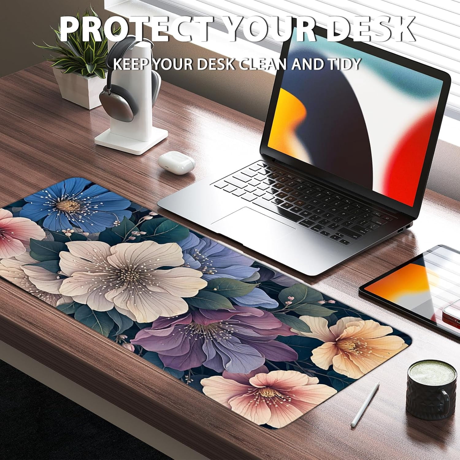 BlueFloral Gaming Mouse Pad, Large Computer Keyboard Mousepad, Flower Mouse Mat Big with Non-Slip Base and Stitched Edges, Long Desk Mat for Home Office 11.8”x 31.4” XL Gift for Christmas
