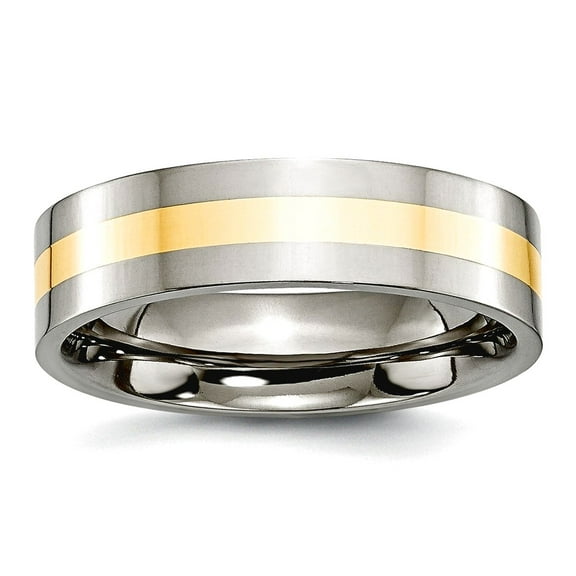 Titanium Flat Band 14k Gold Inlay Flat 6mm Polished Band Ring Size 11 Ring for Women and Men