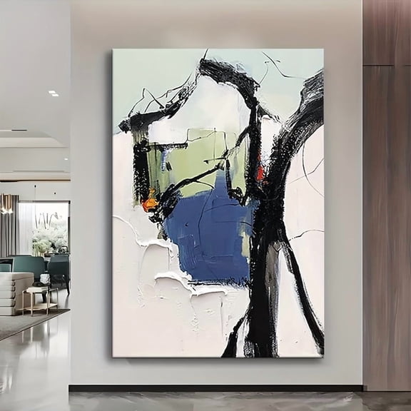 Canvas Painting Abstract Expressionist Painting - Bold Black & Multicolor Modern Wall Art, Textured Brushstroke Hanging Decor for Home, Office