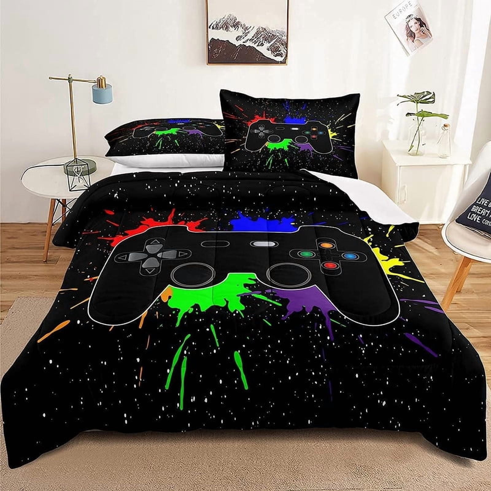 Twin Size Gaming Bedding Set - Soft Microfiber Comforter with Controller & Button Design - for Kids, Teens, Adults - Includes Pillow Sham - Gamer Room Decor