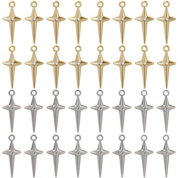 1 Box 40Pcs Four Pointed Star Charm Metal Stars Charms Bulk Rhinestone Alloy Silver Gold Shine Dangle Small Celestial Pendants for Jewelry Making Supplies DIY Necklace Bracelet Earring Women