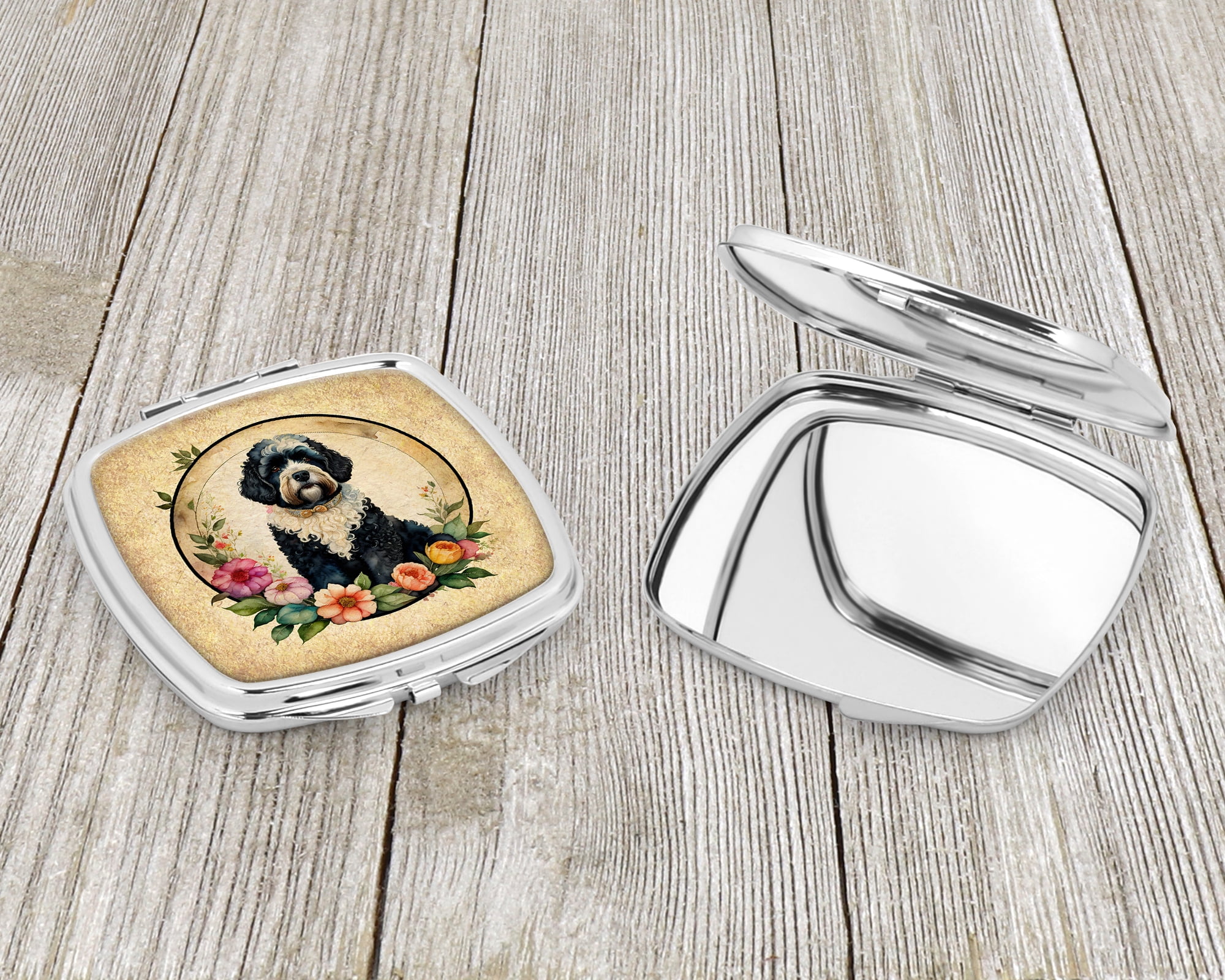 Portuguese Water Dog and Flowers Compact Mirror 2.75 in x 3 in