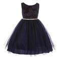 thumbnail image 2 of Girls Floral Embossed Velvet Tulle Fall Winter Holiday Dress - Navy 2, 2 of 2