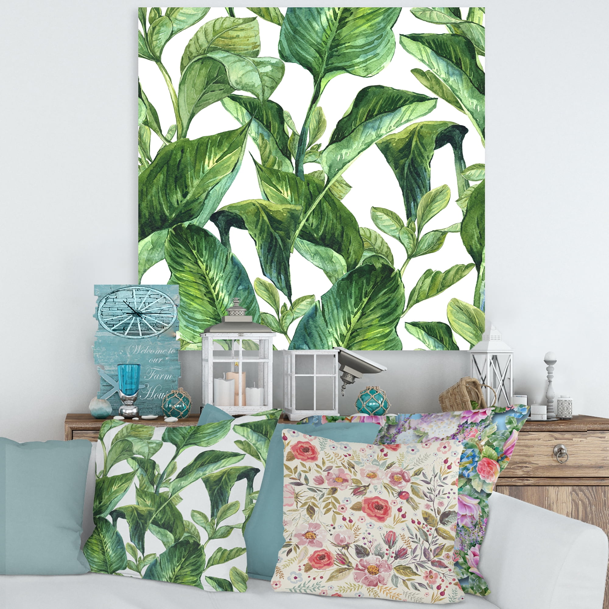 Designart ' Foliage Of Tropical Leaves On White ' Tropical Canvas Wall Art Print