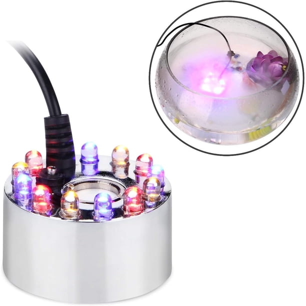 Generador de niebla de aluminio, fuente de agua, nebulizador de estanque, humidificador de aire, atomizador, Mini máquina de niebla con 12 luces LED que cambian de Color