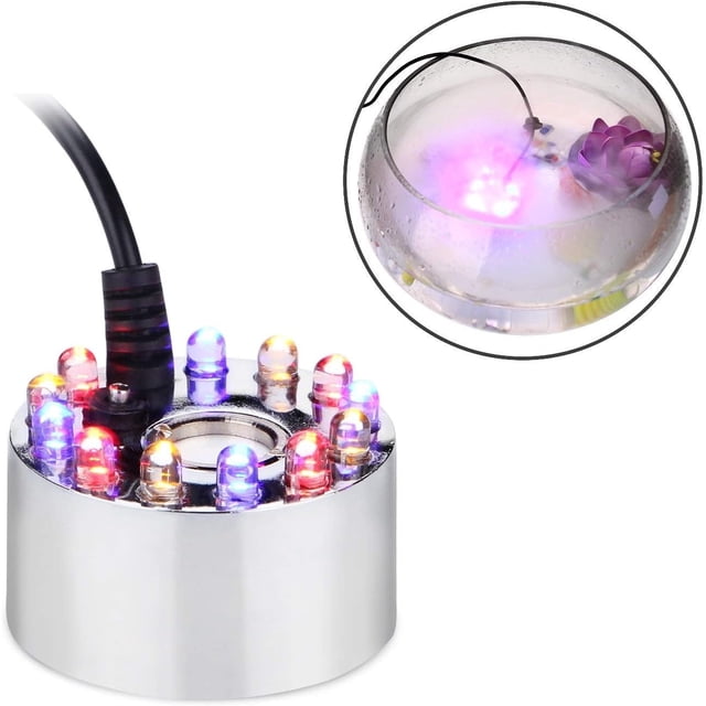 Generador de niebla de aluminio, fuente de agua, nebulizador de estanque, humidificador de aire, atomizador, Mini máquina de niebla con 12 luces LED que cambian de Color