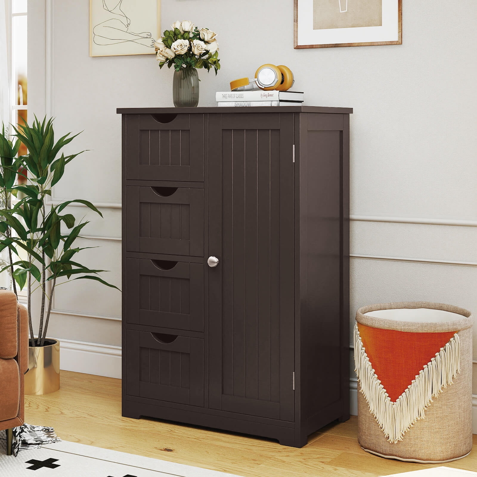 Costway 4-drawer MDF Board Free Standing Storage Cabinet with 2 Shelves in Brown