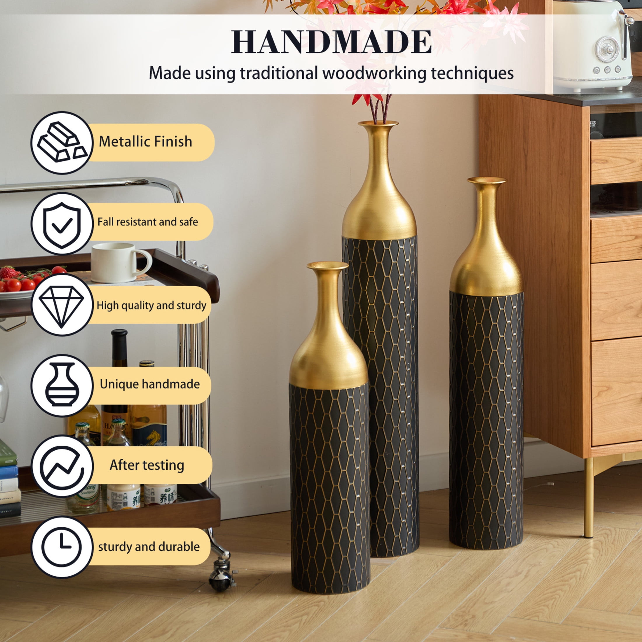 Noble House 34.25", 30.31", 24.8" Honeycomb Pattern Vase Set, 3-Piece Decorative Floor Vases, Black+Gold